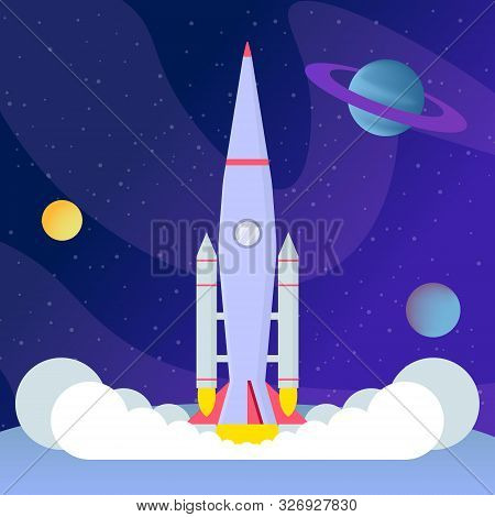 Rocket Liftoff, Landing Flat Vector Illustration. Cosmos Exploration Program, Space Expedition, Inte