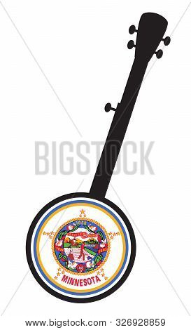 A Typical Five String Banjo In Silhouette On A White Background Woth The Icon From The State Seal Of