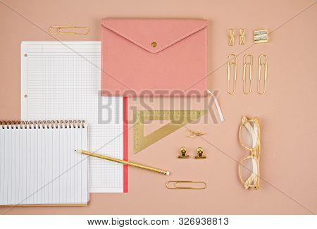 Flat Lay Of Notepad And Golden Office Suplplies. Working Space, Studies, Office Desk, Home-office Co
