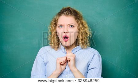 Teacher Adorable Lady Irritated Chalkboard Background. Teaching Is Hard And Stressful. Tired Of Stup