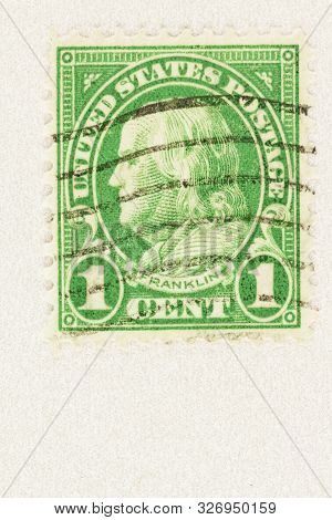 Seattle Washington - October 5, 2019: Green 1 Cent Usa Postage Stamp Featuring Benjamin Franklin, Th