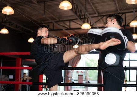 Young Asian Kick Boxer Kicking Professional Trainer In Boxing Studuim In The Background At Fitness G