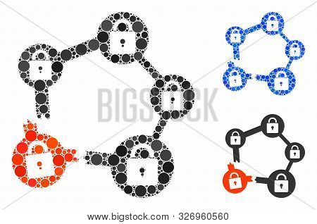 Broken Blockchain Network Composition Of Round Dots In Various Sizes And Color Tones, Based On Broke