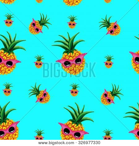 Seamless Pattern Of Cute Tropical Pineapple In Pink Glasses On A Color Background. Bright Summer Wat