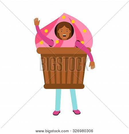 Brown-haired Young Girl Standing In A Cake Costume And Waving Her Hand Vector Illustration