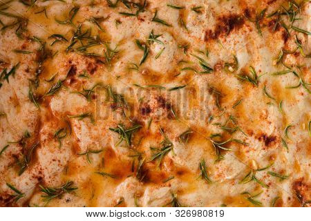 Homemade Italian Focaccia Modenese, With Rosemary And Olive Oil/ Freshly Baked And Ready To Eat