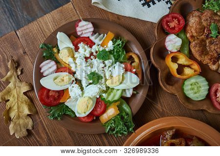 Bulgarian National  Cuisine, Traditional Assorted Balkans Dishes, Top View.