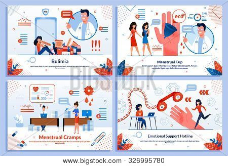 Women Healthcare Online Service Flat Banner Set. Bulimia Problem. Menstruation Cramps And Intimate H