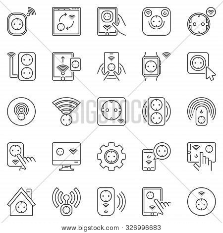 Smart Socket Outline Icons Set. Vector Eu Smart Sockets Concept Symbols In Thin Line Style