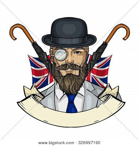 Hand Drawn Color Sketch, British Man With Beard And Mustaches And Umbrella And Hat. Poster, Flyer De