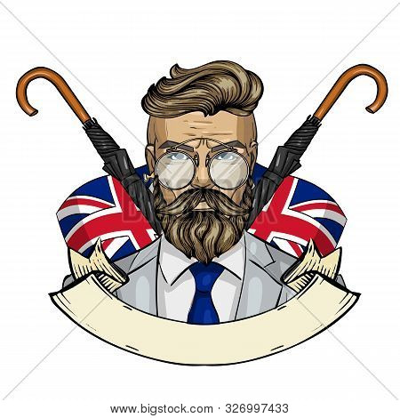 Hand Drawn Color Sketch, British Man With Beard And Mustaches And Umbrella. Poster, Flyer Design