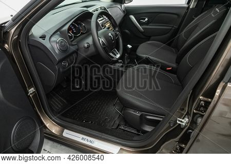 Novosibirsk, Russia - June 29, 2021: Renault Logan Stepway, Steering Wheel, Shift Lever, Multimedia 