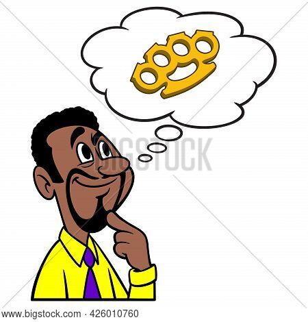Man Thinking About Brass Knuckles - A Cartoon Illustration Of A Man Thinking About Brass Knuckles.