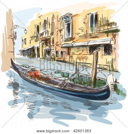 Veneza - Calle Fondamenta Megio. Edifício antigo & gôndola. Bitmap copiar meu vetor