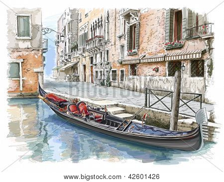 Veneza - Calle Fondamenta Megio. Edifício antigo & gôndola. Bitmap copiar meu vetor