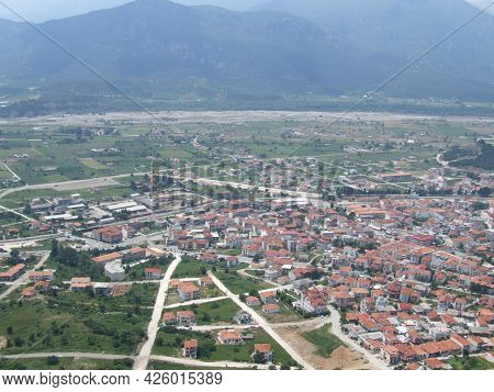 Greek Small Town - Village Aerial Drone View Near Mountains