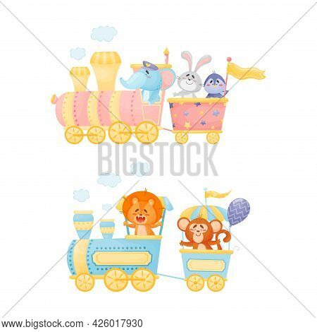 Funny Animals Riding Locomotive Or Steam Train Enjoying Journey Vector Set