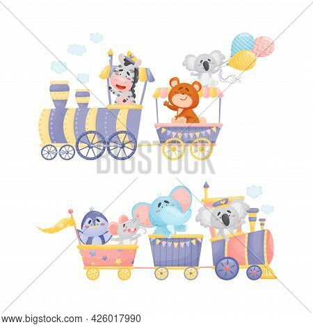 Funny Animals Riding Locomotive Or Steam Train Enjoying Journey Vector Set