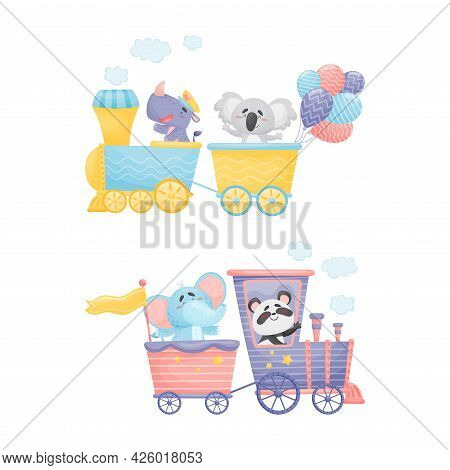 Funny Animals Riding Locomotive Or Steam Train Enjoying Journey Vector Set