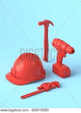 Isometric View Of Monochrome Construction Tools For Repair And Installation On Blue And Redbackgroun