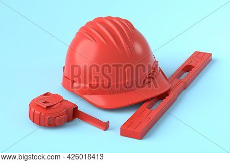 Isometric View Of Monochrome Construction Tools For Repair And Installation On Blue And Redbackgroun