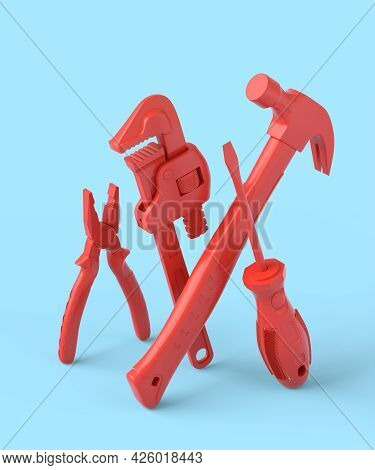 Isometric View Of Monochrome Construction Tools For Repair And Installation On Blue And Redbackgroun