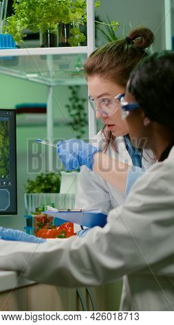 Collegues Checking Medical Expertise On Computer Researching For Gmo Meat Sample. Scientists Womens 