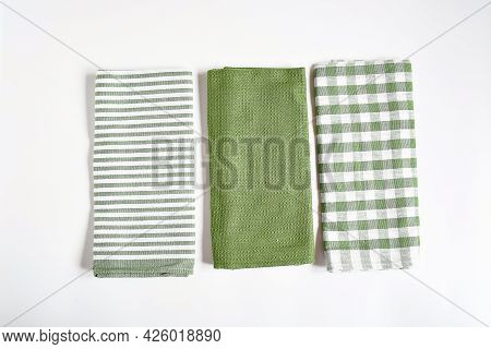Top View New Kitchen Towels In Verdun Green ,strip And White Color Simple Pattern In Differnet Style