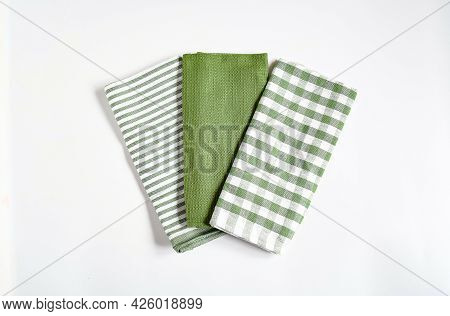 Top View New Kitchen Towels In Verdun Green ,strip And White Color Simple Pattern In Differnet Style
