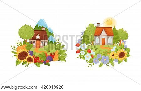 Village Houses Standing On Meadow With Winding Path Surrounded By Circular Crop And Flower Arrangeme