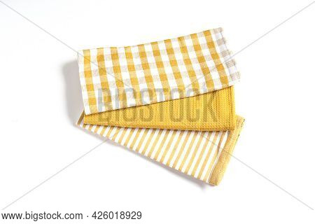 Top View New Kitchen Towels In Yellow Canary Or Dendelion,strip And White Color Simple Pattern In Di