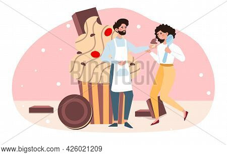 Sweet-tooth Concept. The Characters Stand Against The Background Of A Sweet Large Cupcake, Chocolate
