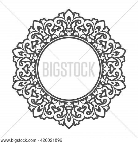 Template For A Decorative Frame With A Place For Text. Golden Round Openwork Ornament For Invitation