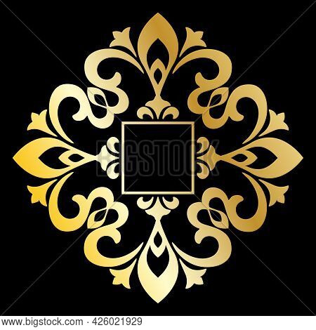 Template For A Decorative Frame With A Place For Text. Golden Round Openwork Ornament For Invitation