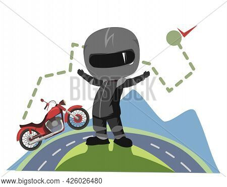 Biker Cartoon. Child Illustration. Getting To The Finish Line. Sports Uniform And Helmet. Cool Motor