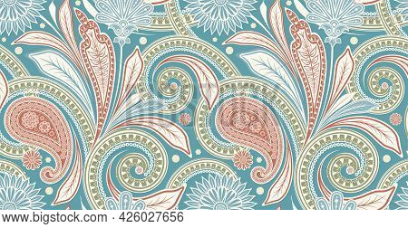 Luxurious Floral Batik Background. Floral Decoration Curls Illustration. Hand Drawn Paisley Pattern 