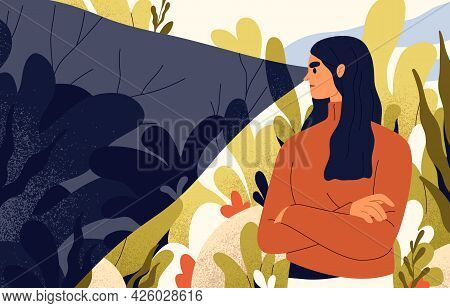 Unhappy Depressed Woman Pessimist With Unhealthy Gloomy Mindset. Person Seeing Only Bad, Focusing On