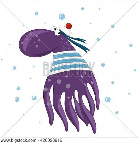 Cheerful Octopus In A Marine Peakless Cap Isolated On A White Background. Vector Illustration