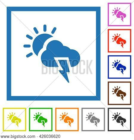 Sunny And Stormy Weather Flat Color Icons In Square Frames On White Background