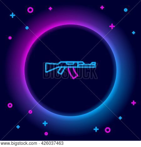 Glowing Neon Line Submachine Gun Icon Isolated On Black Background. Kalashnikov Or Ak47. Colorful Ou