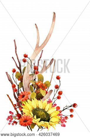 Watercolor Fall Sunflower , Rustic Clipart. Autumn Harvest Clip Art, Thanksgiving Day Art,