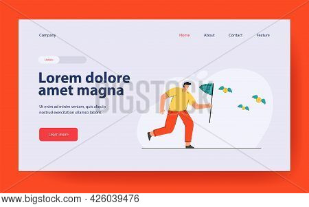 Man Catching Winged Coins With Butterfly Net. Flat Vector Illustration. Male Cartoon Character Achie