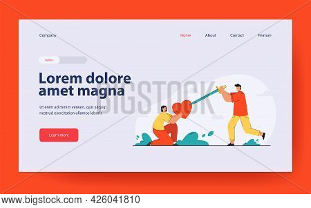 Young Man Broking Heart That Girl Holding. Flat Vector Illustration. Cartoon Guy Striking Woman Hear