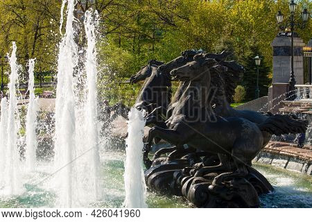 Moscow, Russia - 10 May 2021:  Fountain  Four Seasons,was Established In 1996. Moscow Architecture A