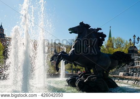 Moscow, Russia - 10 May 2021:  Fountain  Four Seasons,was Established In 1996. Moscow Architecture A