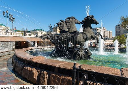 Moscow, Russia - 10 May 2021:  Fountain  Four Seasons,was Established In 1996. Moscow Architecture A