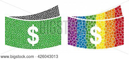 Dollar Bills Collage Icon Of Spheric Blots In Variable Sizes And Rainbow Multicolored Color Tones. A