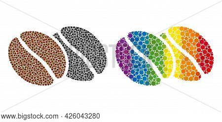 Coffee Beans Mosaic Icon Of Spheric Blots In Different Sizes And Spectrum Colored Shades. A Dotted L