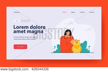 Cartoon Woman Stroking Happy Dog. Flat Vector Illustration. Female Owner Showing Tenderness To Her P