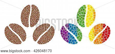 Cacao Beans Mosaic Icon Of Round Items In Variable Sizes And Rainbow Colored Color Tones. A Dotted L